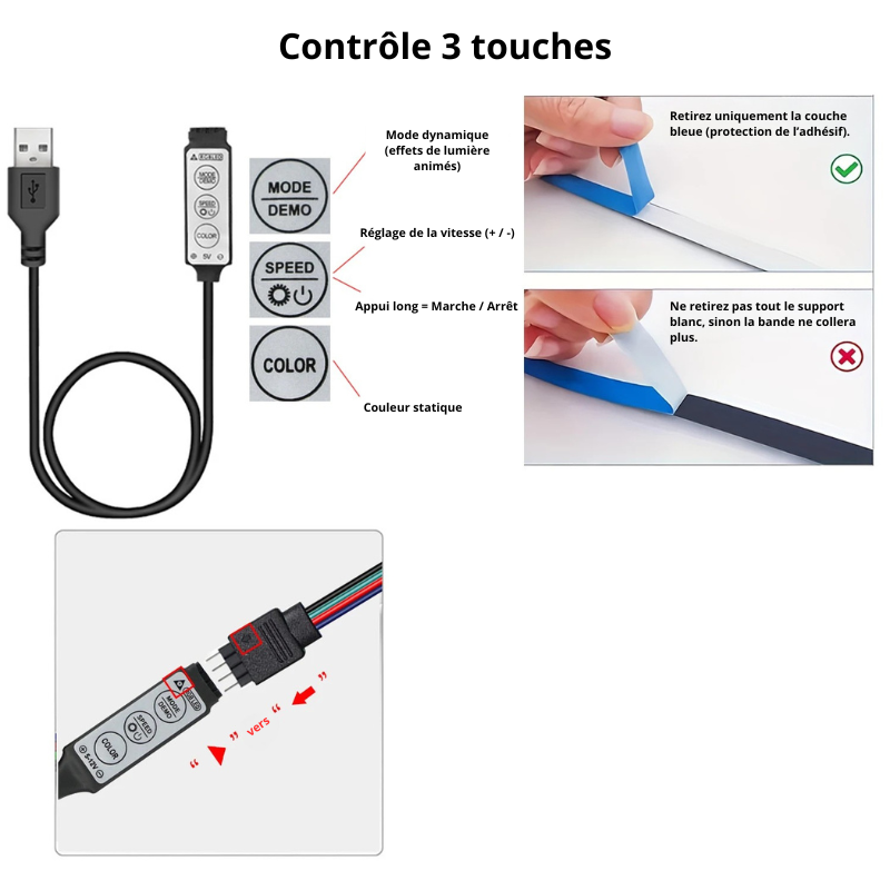 Bande LED avec contrôle 3 touches | Lumière d’ambiance décorative